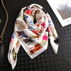 Cartoon Cat Print Square Scarf Satin Bandana Vintage Silk