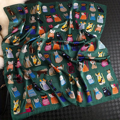 Cartoon Cat Print Square Scarf Satin Bandana Vintage Silk