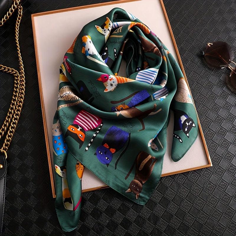 Cartoon Cat Print Square Scarf Satin Bandana Vintage Silk