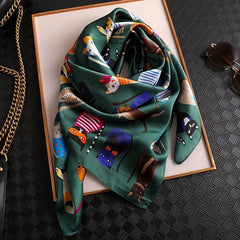 Cartoon Cat Print Square Scarf Satin Bandana Vintage Silk