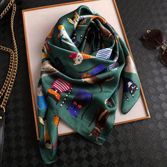 Cartoon Cat Print Square Scarf Satin Bandana Vintage Silk
