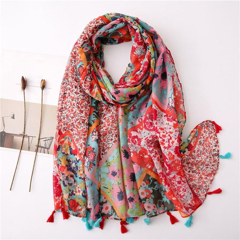 Geometric Tassel Turban Scarf Lightweight Floral Printed Scarf