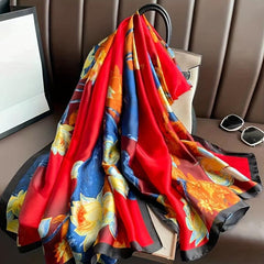 Lotus Print Scarf Vintage Satin Shawl Sunscreen Windproof Head Wrap