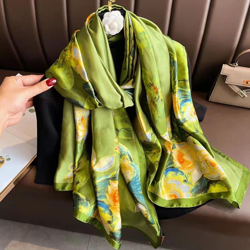 Lotus Print Scarf Vintage Satin Shawl Sunscreen Windproof Head Wrap