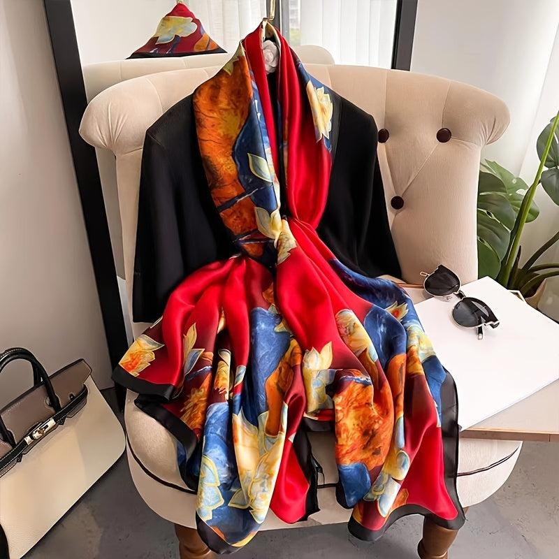 Lotus Print Scarf Vintage Satin Shawl Sunscreen Windproof Head Wrap