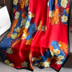 Lotus Print Scarf Vintage Satin Shawl Sunscreen Windproof Head Wrap