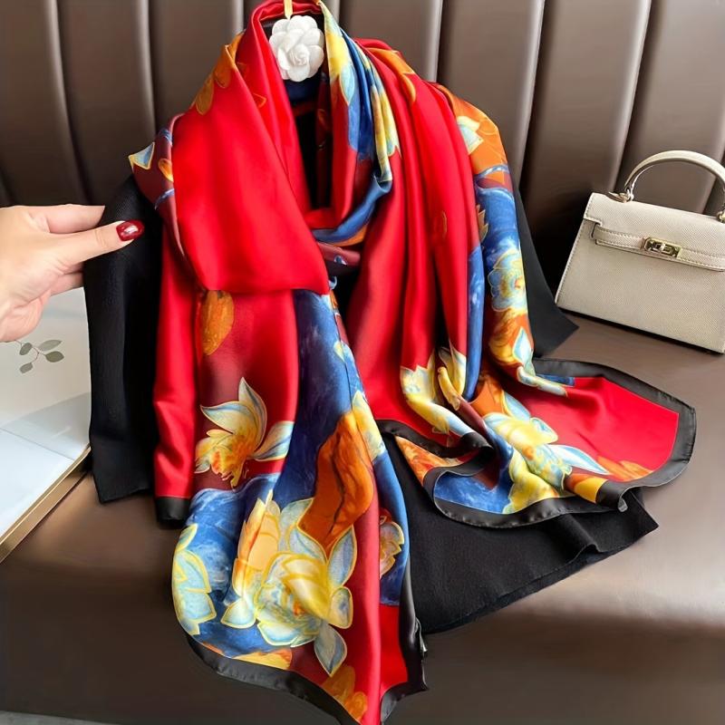 Lotus Print Scarf Vintage Satin Shawl Sunscreen Windproof Head Wrap