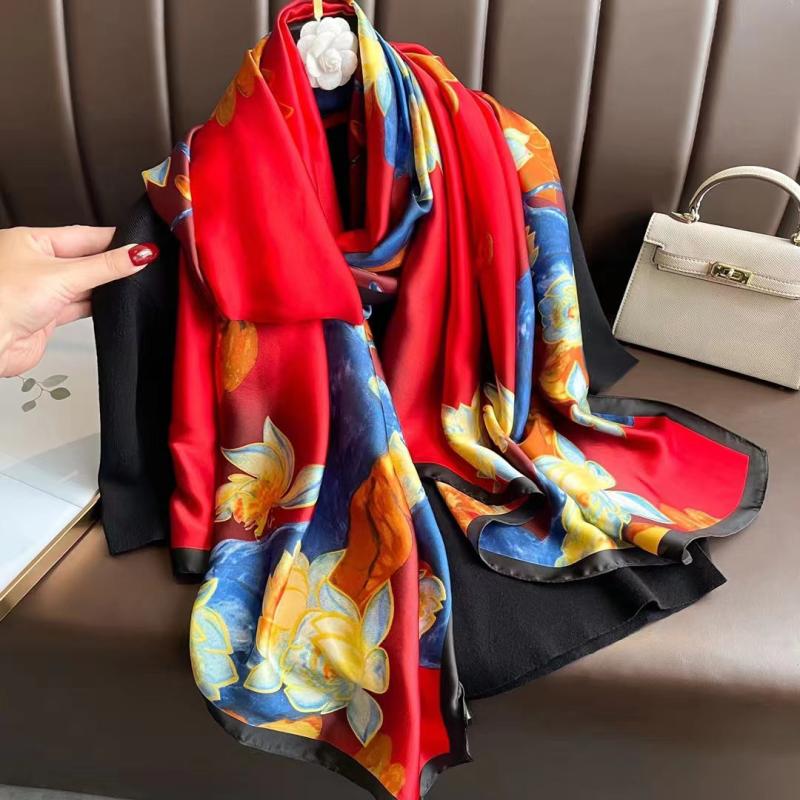 Lotus Print Scarf Vintage Satin Shawl Sunscreen Windproof Head Wrap