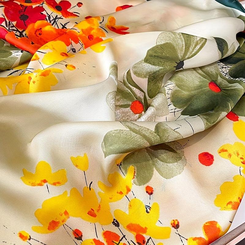 Vintage Boho Satin Scarf Yellow Red Green Flower Pattern Shawl