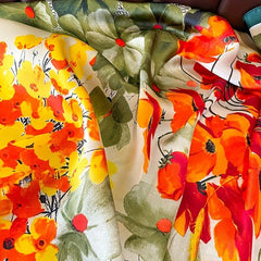 Vintage Boho Satin Scarf Yellow Red Green Flower Pattern Shawl