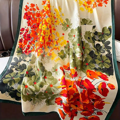 Vintage Boho Satin Scarf Yellow Red Green Flower Pattern Shawl