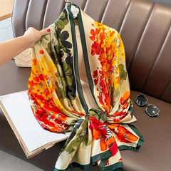 Vintage Boho Satin Scarf Yellow Red Green Flower Pattern Shawl