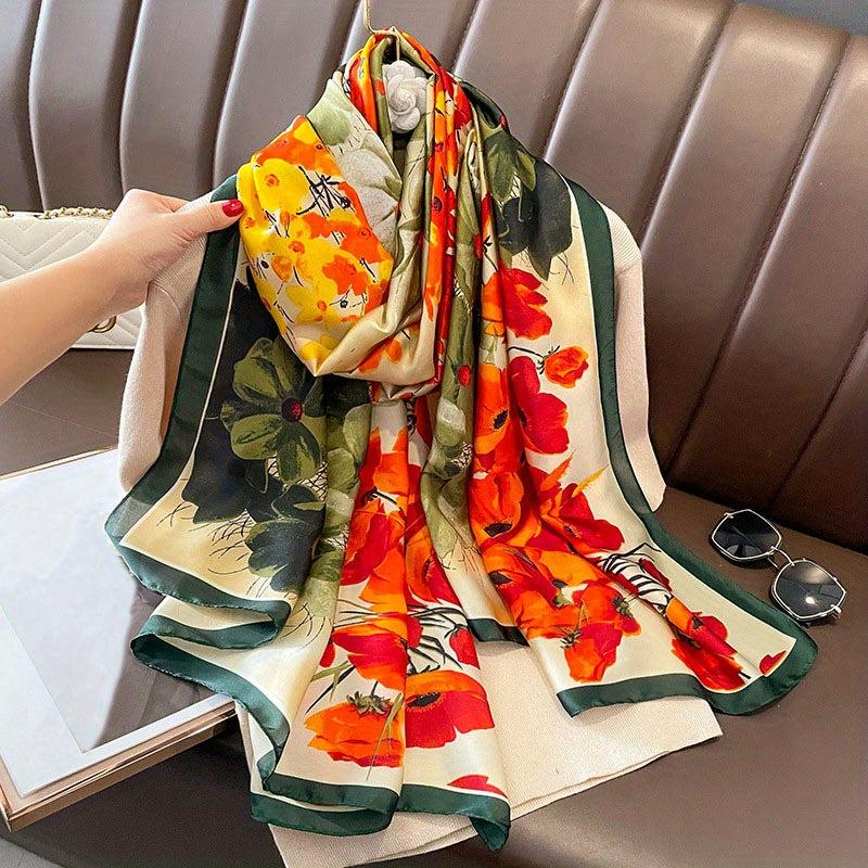 Vintage Boho Satin Scarf Yellow Red Green Flower Pattern Shawl