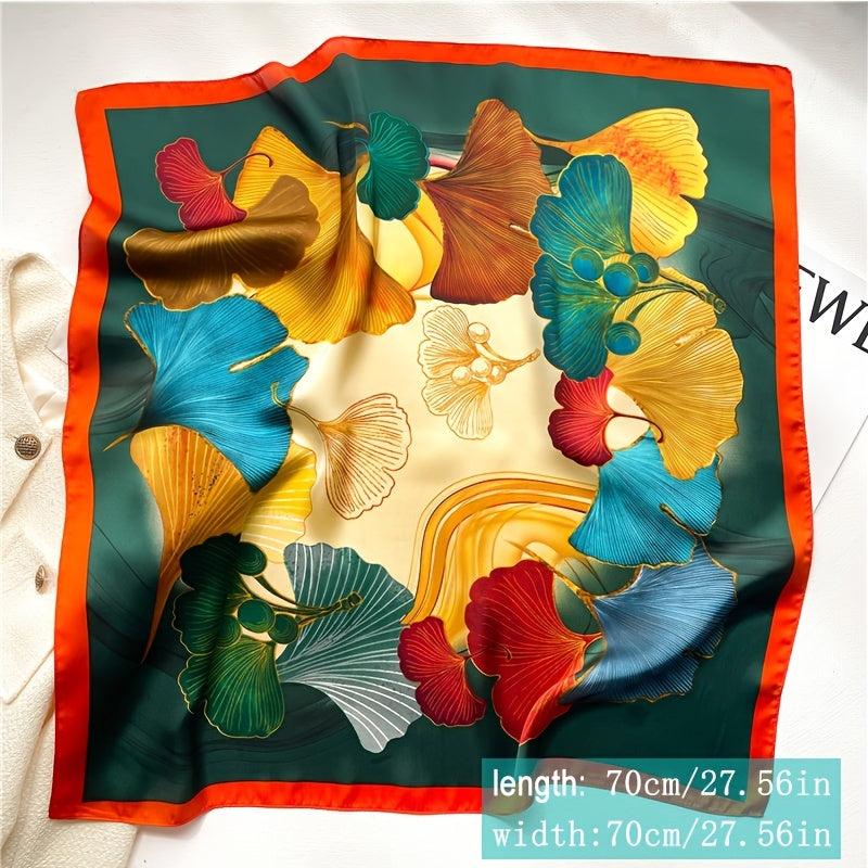 Colorful Ginkgo Leaf Print Silk Scarf Shawl for Women