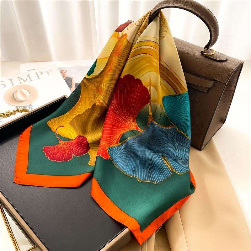 Colorful Ginkgo Leaf Print Silk Scarf Shawl for Women