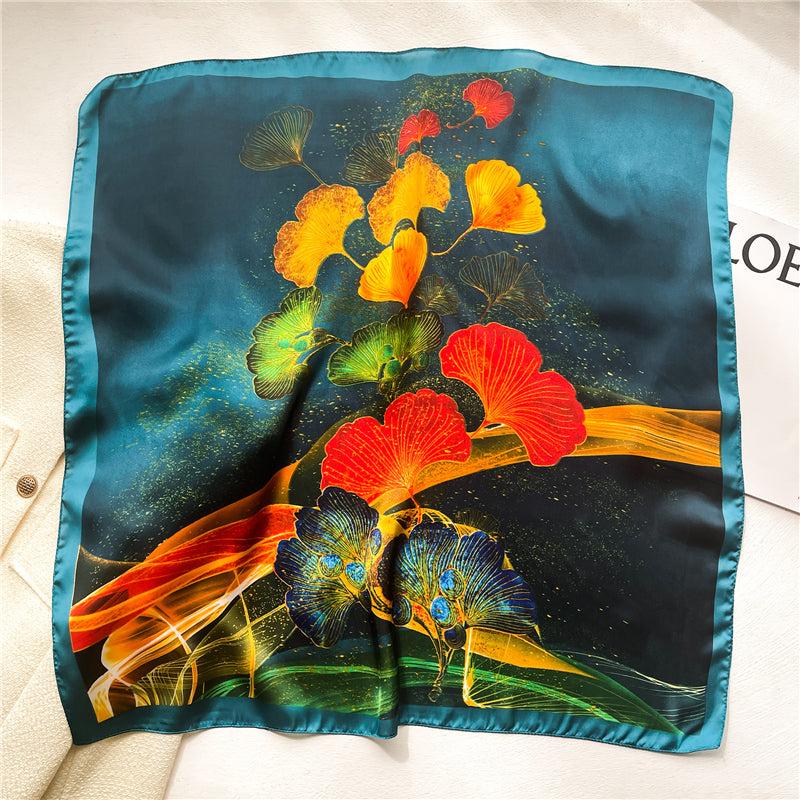 Colorful Ginkgo Leaf Print Silk Scarf Shawl for Women