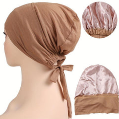 Satin Lined Inner Cap Double Layer Head Scarf Soft Lace Up Head Wraps Hijab Hat