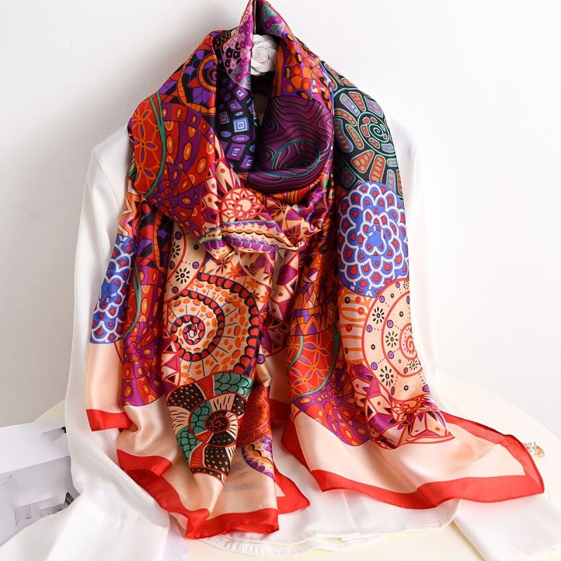Vintage Geometric Circle Print Scarf Satin Headscarf Women Travel Wrap