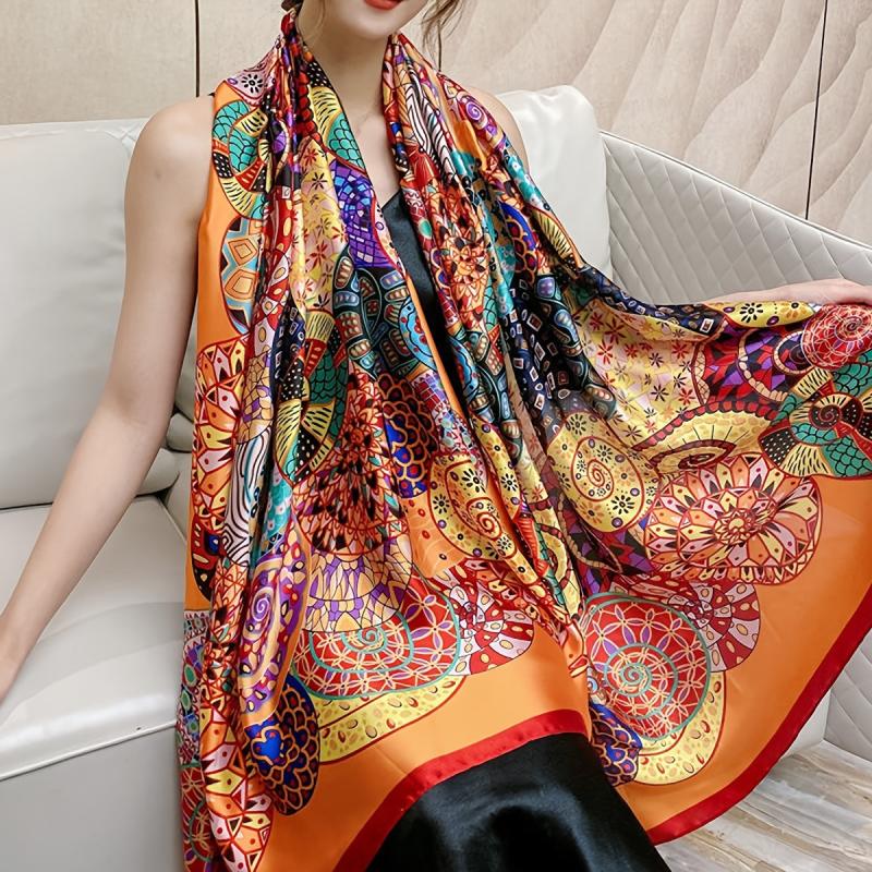 Vintage Geometric Circle Print Scarf Satin Headscarf Women Travel Wrap