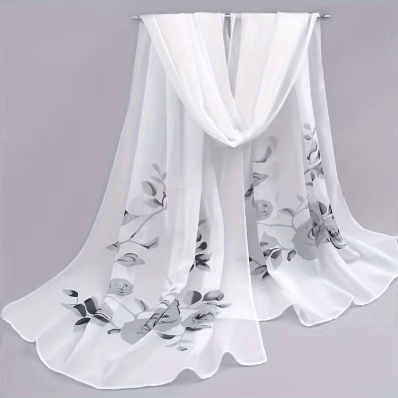 Rose Print Chiffon Scarf Silk Shawl Sunscreen Head Wrap