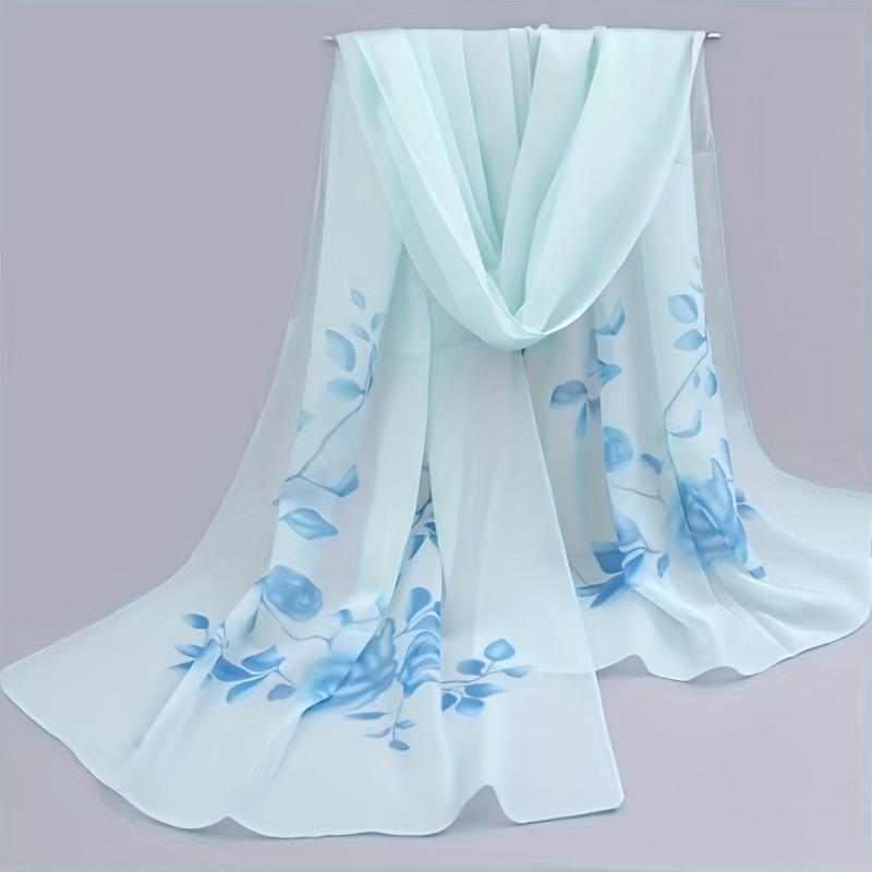 Rose Print Chiffon Scarf Silk Shawl Sunscreen Head Wrap