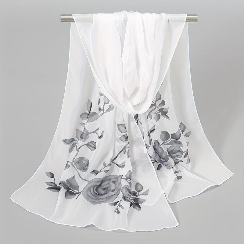 Rose Print Chiffon Scarf Silk Shawl Sunscreen Head Wrap
