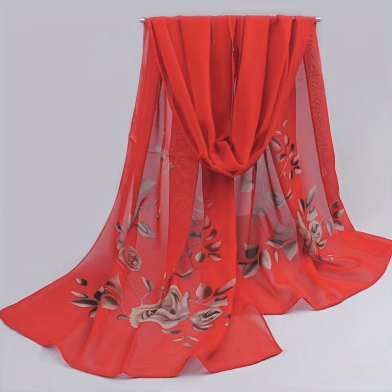 Rose Print Chiffon Scarf Silk Shawl Sunscreen Head Wrap