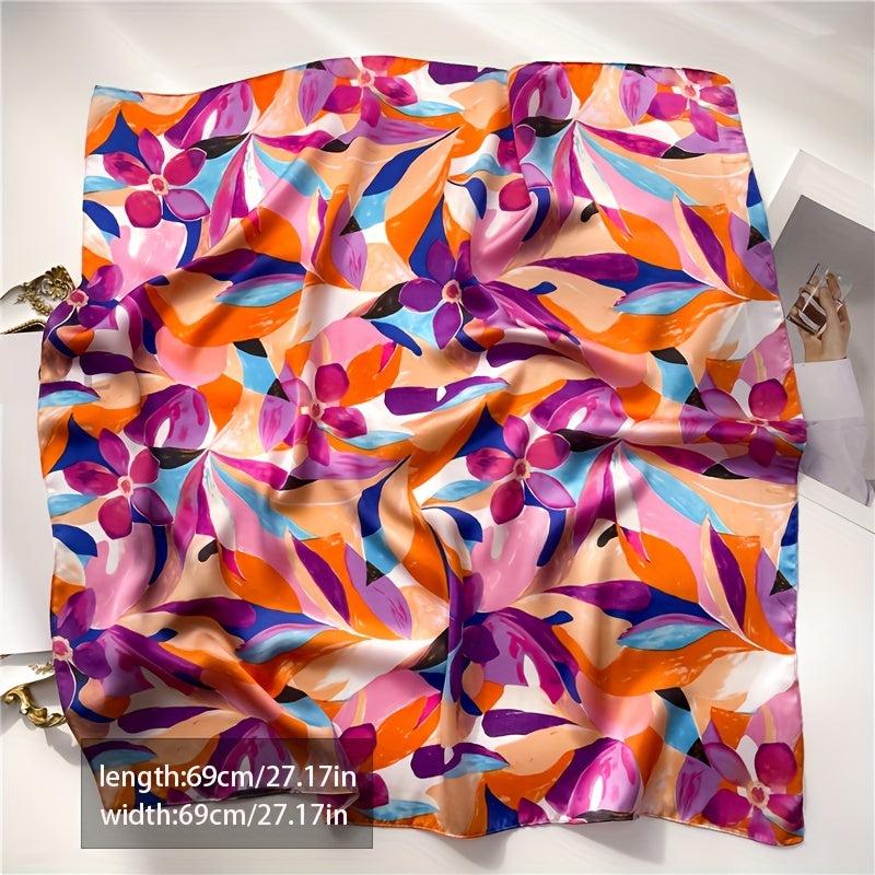 Flower Print Square Scarf Oil Painting Satin Bandana Neckerchief