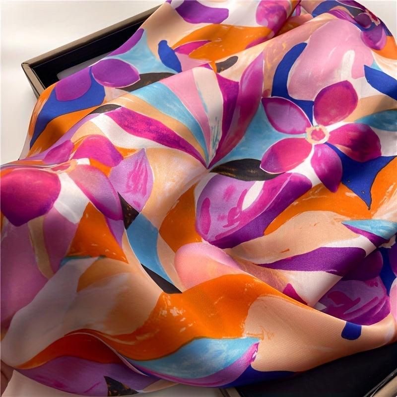 Flower Print Square Scarf Oil Painting Satin Bandana Neckerchief