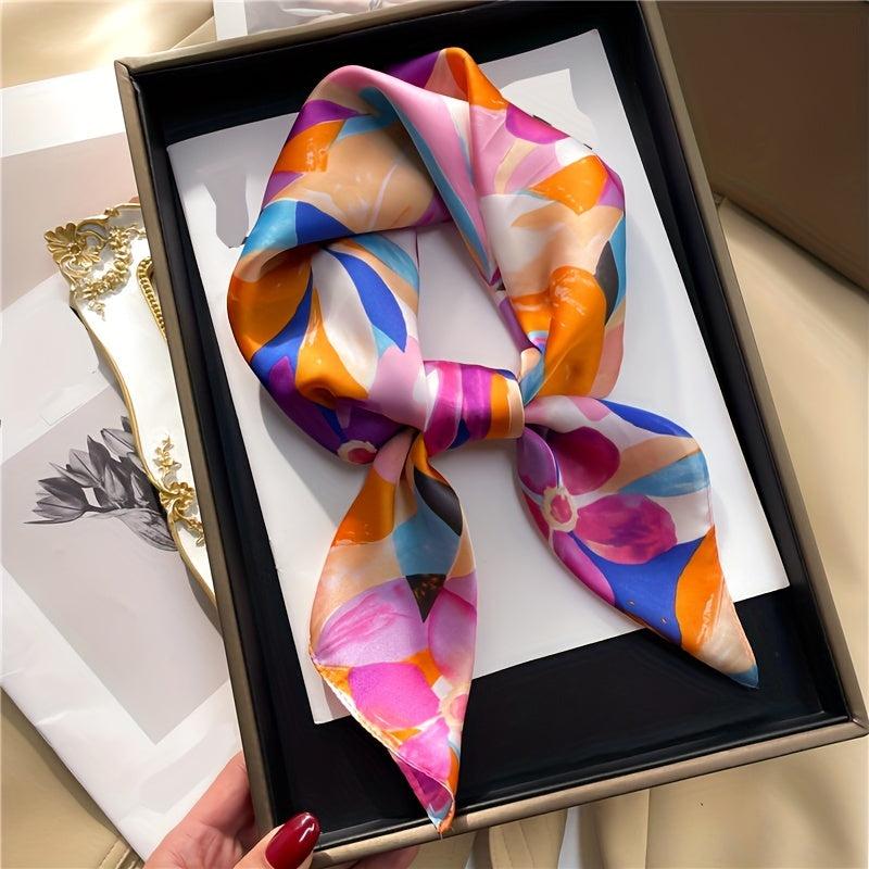 Flower Print Square Scarf Oil Painting Satin Bandana Neckerchief