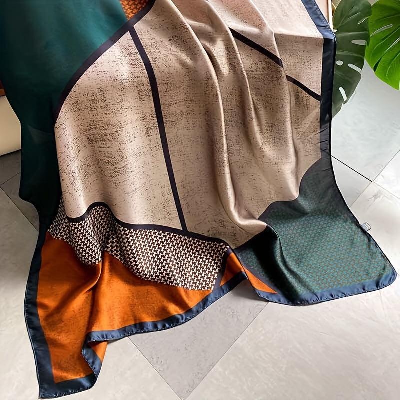 Geometric Print Large Satin Scarf Block Shawl Silk Windproof Head Wrap