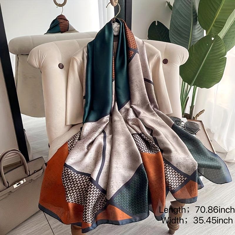 Geometric Print Large Satin Scarf Block Shawl Silk Windproof Head Wrap