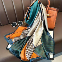Geometric Print Large Satin Scarf Block Shawl Silk Windproof Head Wrap