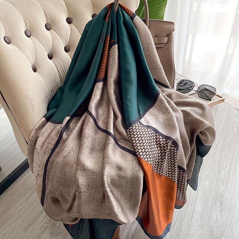 Geometric Print Large Satin Scarf Block Shawl Silk Windproof Head Wrap