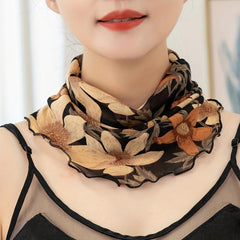 Vintage Flower Print Scarf Ruffles Thin Gauze Neck Gaiter Ear Loop Veil
