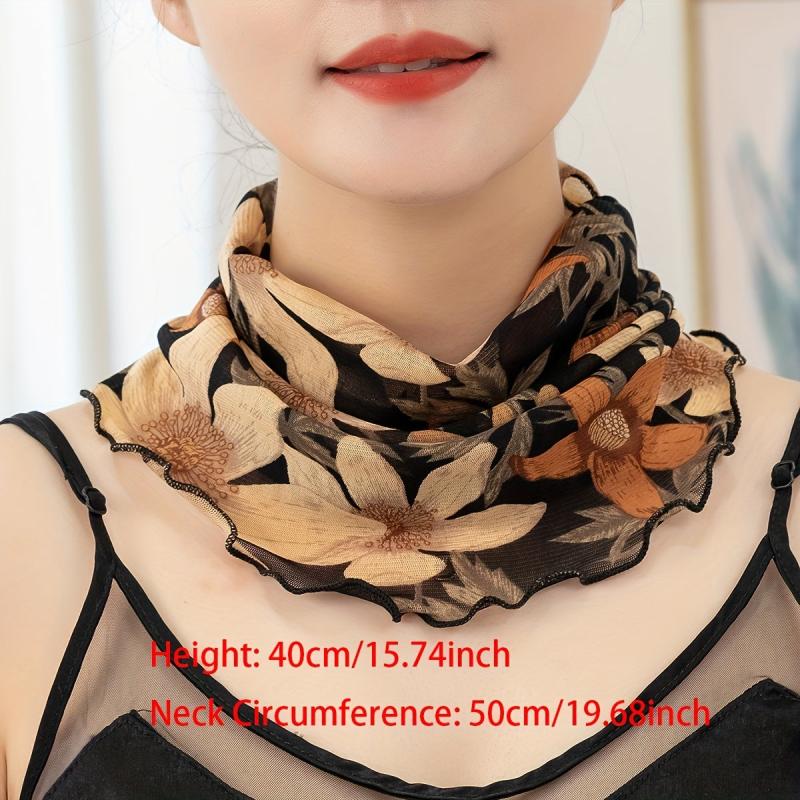 Vintage Flower Print Scarf Ruffles Thin Gauze Neck Gaiter Ear Loop Veil