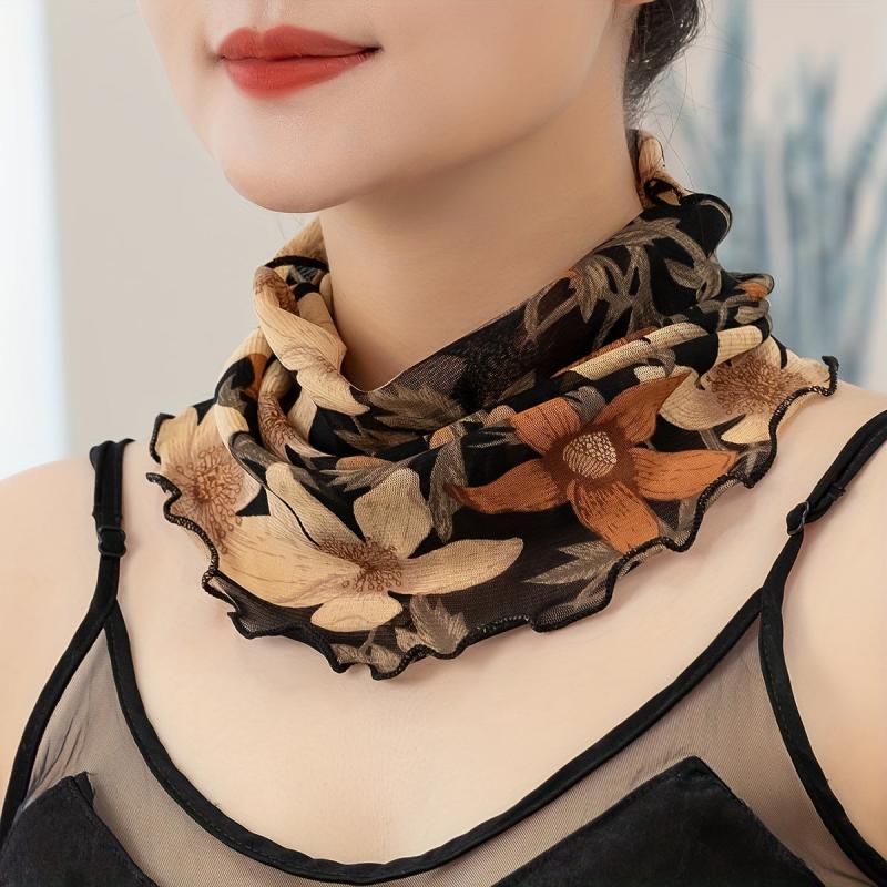 Vintage Flower Print Scarf Ruffles Thin Gauze Neck Gaiter Ear Loop Veil