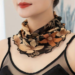 Vintage Flower Print Scarf Ruffles Thin Gauze Neck Gaiter Ear Loop Veil
