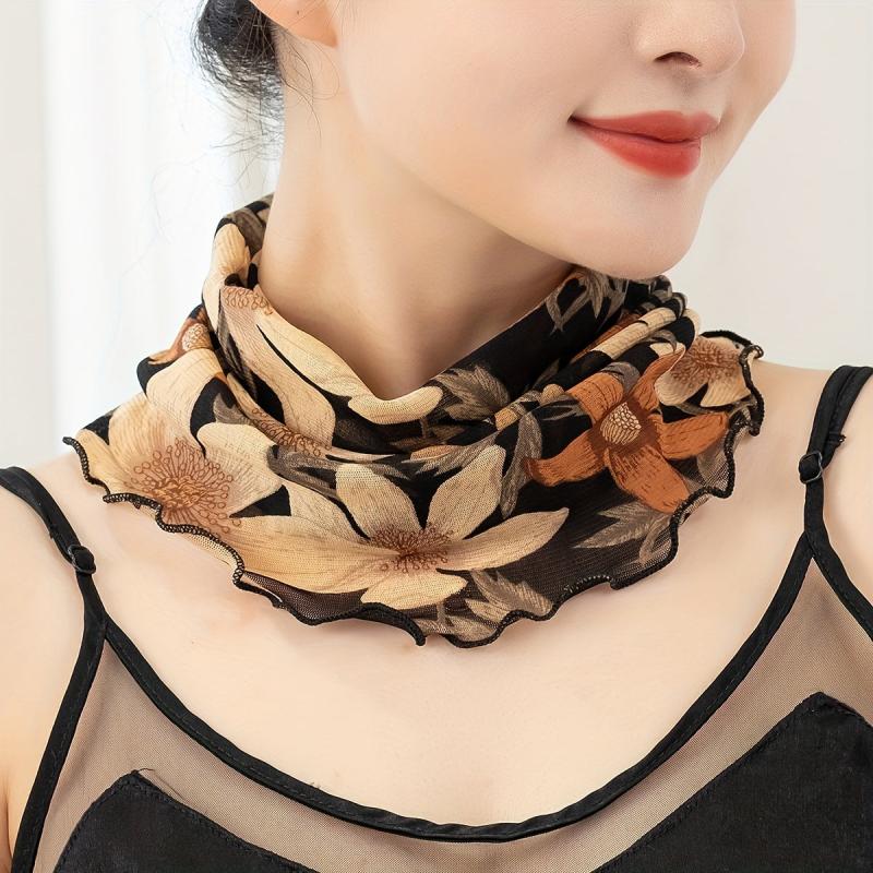 Vintage Flower Print Scarf Ruffles Thin Gauze Neck Gaiter Ear Loop Veil