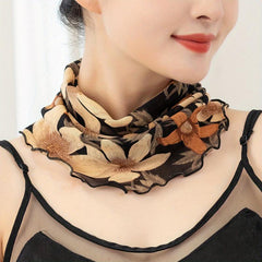 Vintage Flower Print Scarf Ruffles Thin Gauze Neck Gaiter Ear Loop Veil