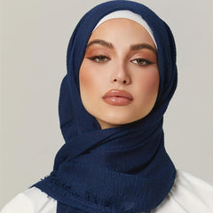 Soft Wrinkles Fringed Hijab Vintage Solid Turban Whisker Headscarf