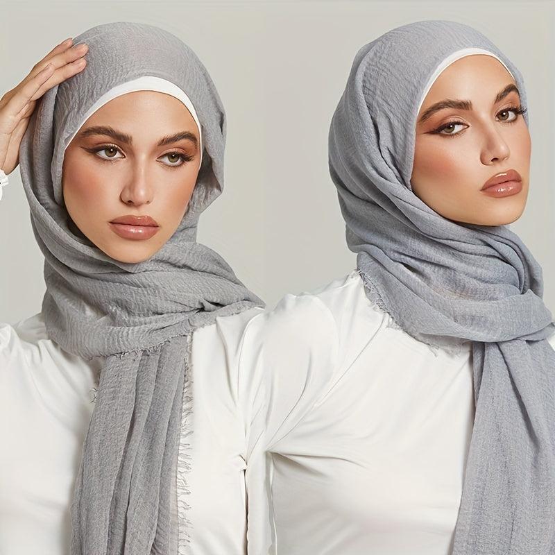 Soft Wrinkles Fringed Hijab Vintage Solid Turban Whisker Headscarf