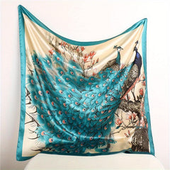 Peacock Print Bandana Classic Satin Square Scarf Vintage Shawl Women