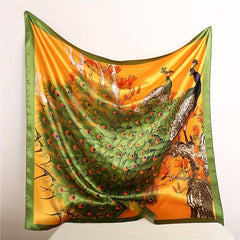 Peacock Print Bandana Classic Satin Square Scarf Vintage Shawl Women