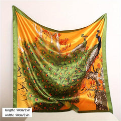Peacock Print Bandana Classic Satin Square Scarf Vintage Shawl Women