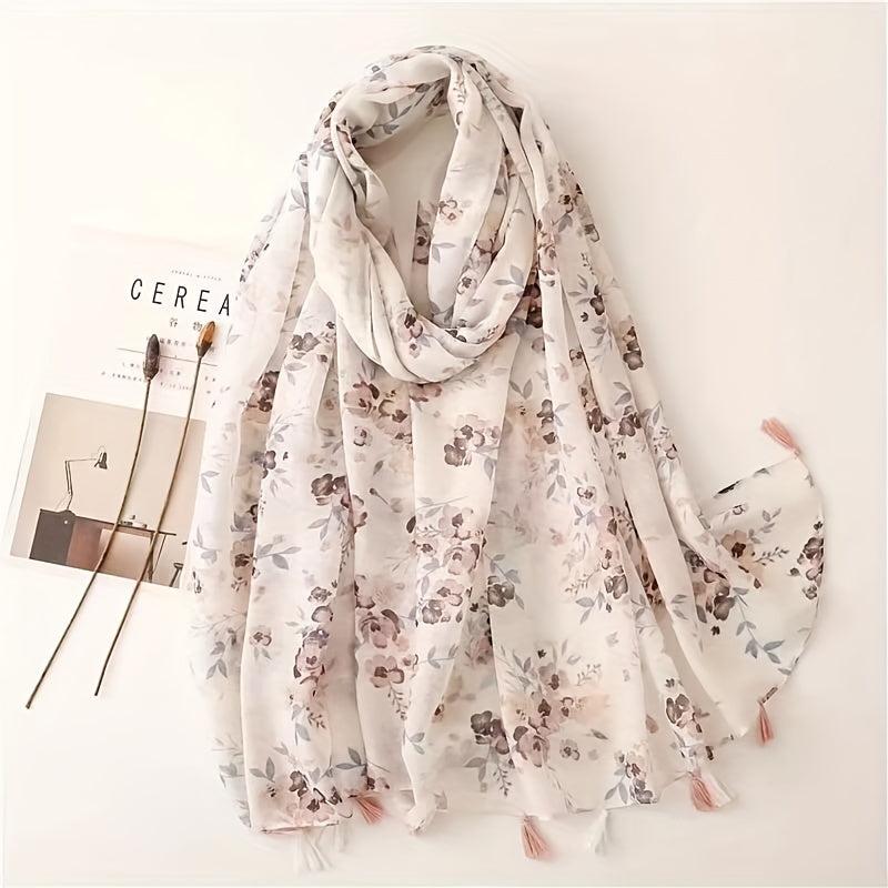 Floral Printed Sunscreen Tassel Scarf Shawl Lightweight