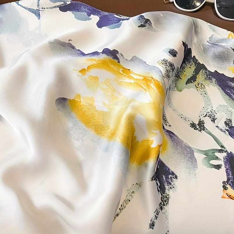 Flower Print Satin Scarf Beige Silk Shawl Casual Windproof Head Wrap