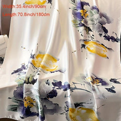 Flower Print Satin Scarf Beige Silk Shawl Casual Windproof Head Wrap