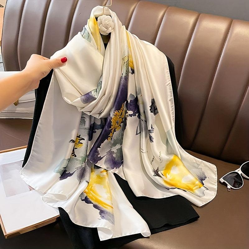 Flower Print Satin Scarf Beige Silk Shawl Casual Windproof Head Wrap