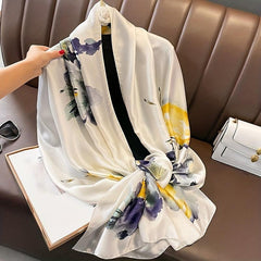 Flower Print Satin Scarf Beige Silk Shawl Casual Windproof Head Wrap